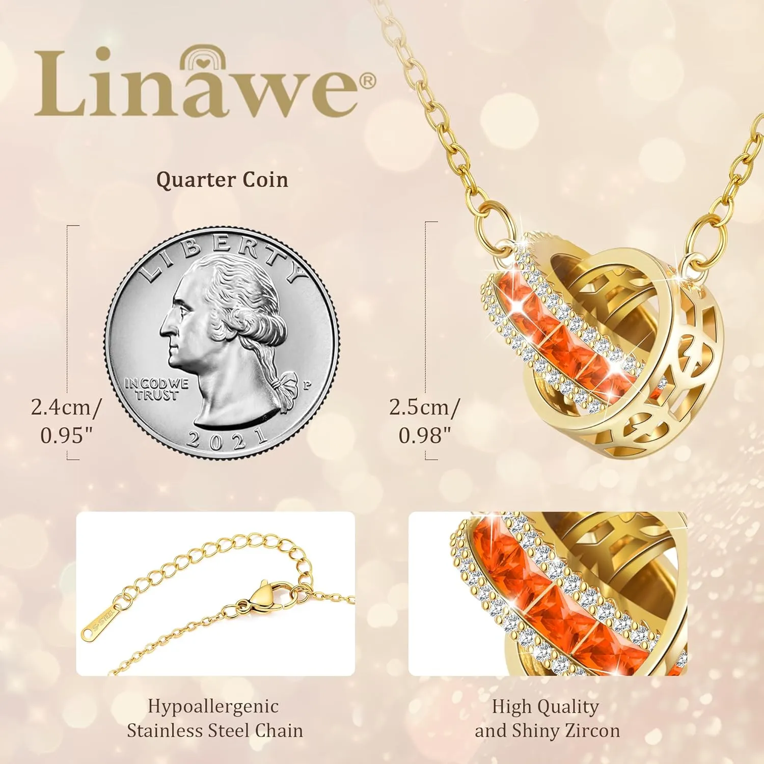 Linawe Moissanite Crystal Imitation Diamond Necklace for Women Trendy, Birthstone Rhinestone Dainty Jewelry, Circle Pendant Stainless Steel Chain Necklaces, Gold, Rose Gold and Silver Tones