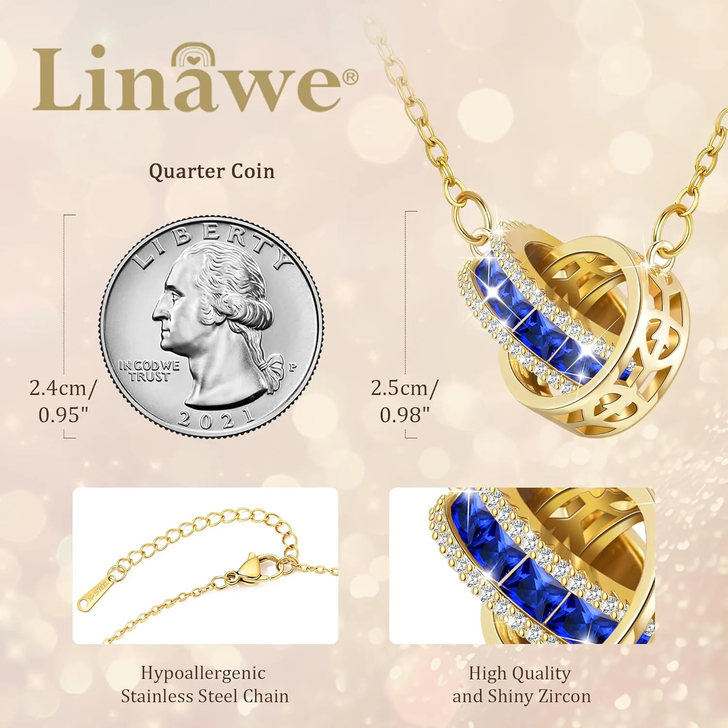 Linawe Moissanite Crystal Imitation Diamond Necklace for Women Trendy, Birthstone Rhinestone Dainty Jewelry, Circle Pendant Stainless Steel Chain Necklaces, Gold, Rose Gold and Silver Tones