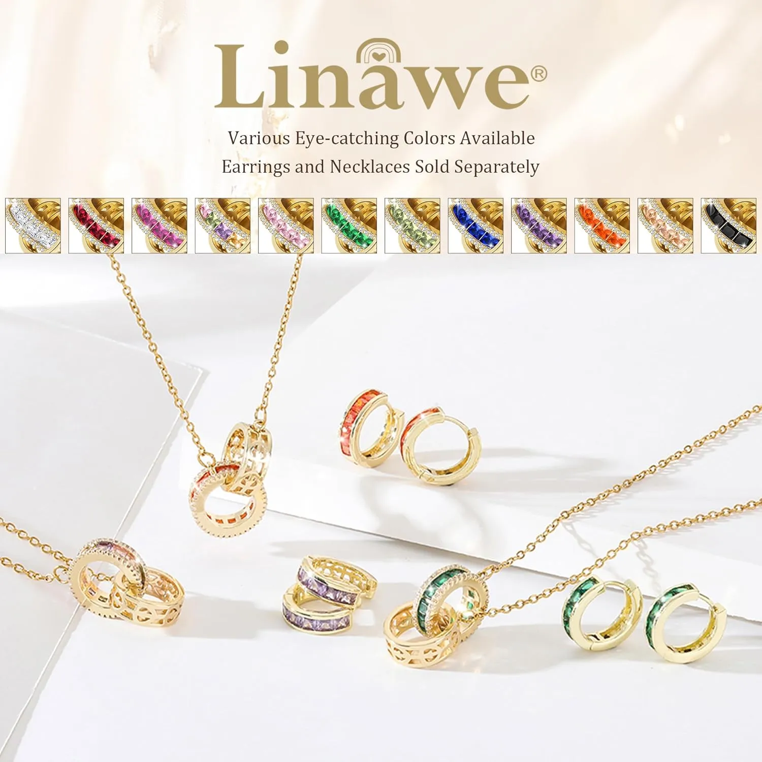 Linawe Moissanite Crystal Imitation Diamond Necklace for Women Trendy, Birthstone Rhinestone Dainty Jewelry, Circle Pendant Stainless Steel Chain Necklaces, Gold, Rose Gold and Silver Tones