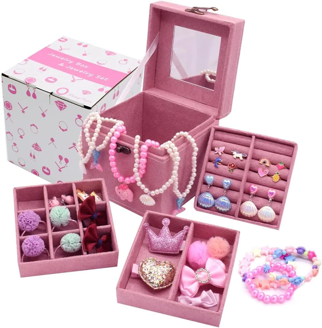 Little Girl Kids 3 Layer Lint Jewelry Box with Mirror and 35 Pieces Girl Princess Jewelry Dress Up Accessories Toy Playset Set