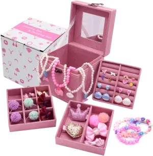 Little Girl Kids 3 Layer Lint Jewelry Box with Mirror and 35 Pieces Girl Princess Jewelry Dress Up Accessories Toy Playset Set