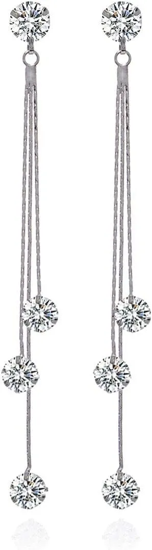 Long Chain Earrings for Women - Sterling Silver Cubic Zirconia CZ Crystal Bridal linear Dangle Drop Earrings for Wedding Girls Party Prom Hypoallergenic Costume Jewelry