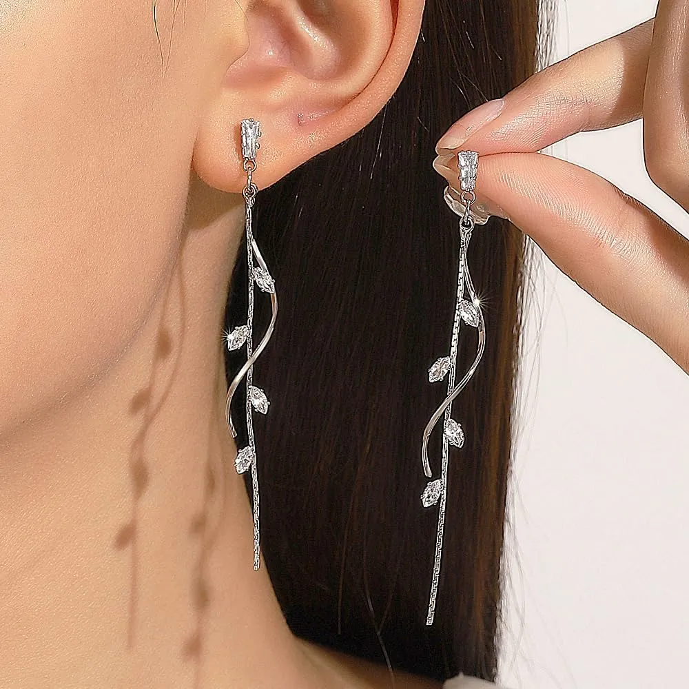 Long Crystal Linear Drop Earrings for Women Zirconia Threader Tassel Earrings Twist Leaf Rhinestone Dangle Earrings Dainty Wedding Prom Party Jewelry Gifts