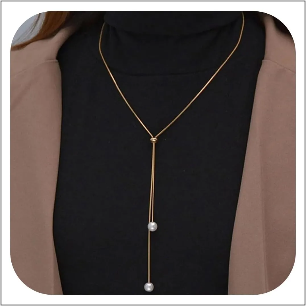 Long Pearl Lariat Necklaces Single Pearl Drop Y Necklace Dainty Pearl Pendant Sliding Necklace Adjustable Round Snake Chain Y Necklace Jewelry for Women Girls