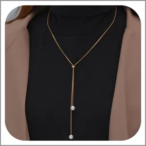 Long Pearl Lariat Necklaces Single Pearl Drop Y Necklace Dainty Pearl Pendant Sliding Necklace Adjustable Round Snake Chain Y Necklace Jewelry for Women Girls