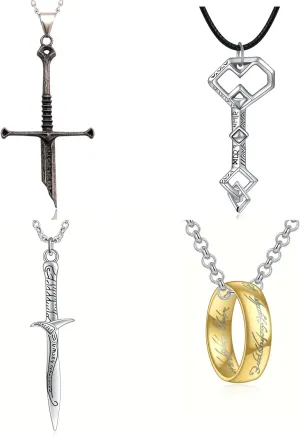 Lord of the Ring Power Pendant Sword Necklace Set, 4 pcs Gothic Cosplay Jewelry for Fans