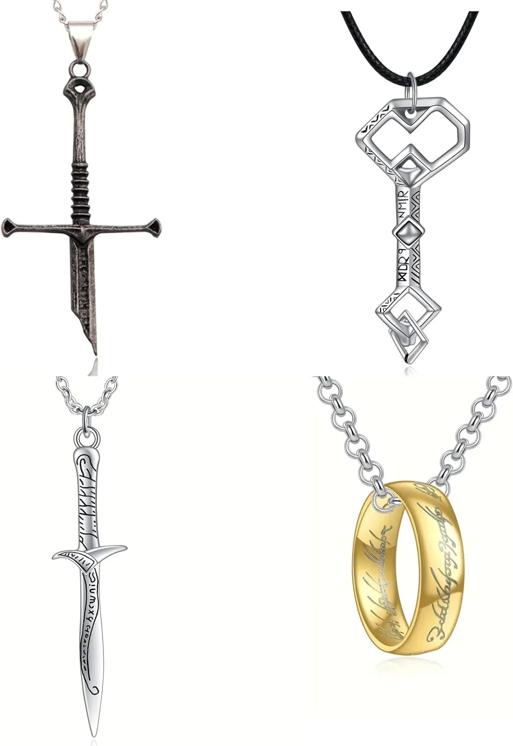 Lord of the Ring Power Pendant Sword Necklace Set, 4 pcs Gothic Cosplay Jewelry for Fans