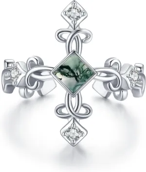Lotus Moss Agate Rings 925 Sterling Silver Moss Agate Ring Lotus Ring for Women Girls PLotus Jewelry Gifts Birthday Christmas Gift