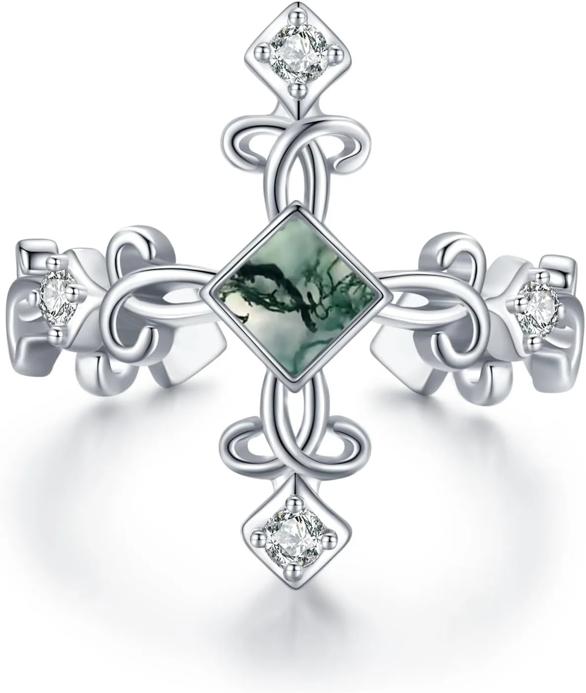 Lotus Moss Agate Rings 925 Sterling Silver Moss Agate Ring Lotus Ring for Women Girls PLotus Jewelry Gifts Birthday Christmas Gift