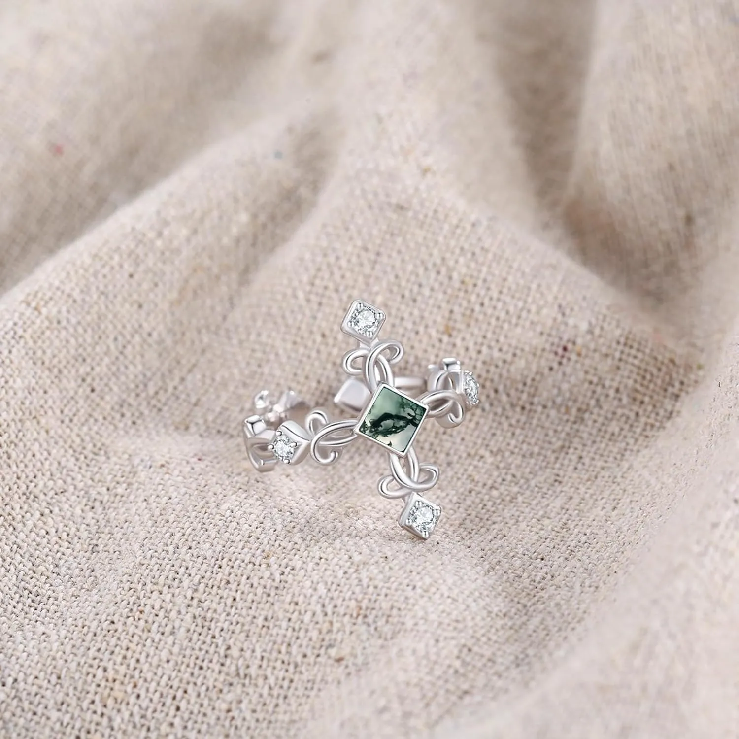 Lotus Moss Agate Rings 925 Sterling Silver Moss Agate Ring Lotus Ring for Women Girls PLotus Jewelry Gifts Birthday Christmas Gift