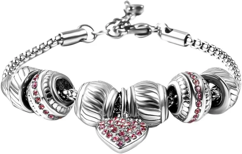 Love Heart White Crystal Bracelet for Women Charm Jewelry Stainless Steel Size 7-8" Birthday Gifts for Women