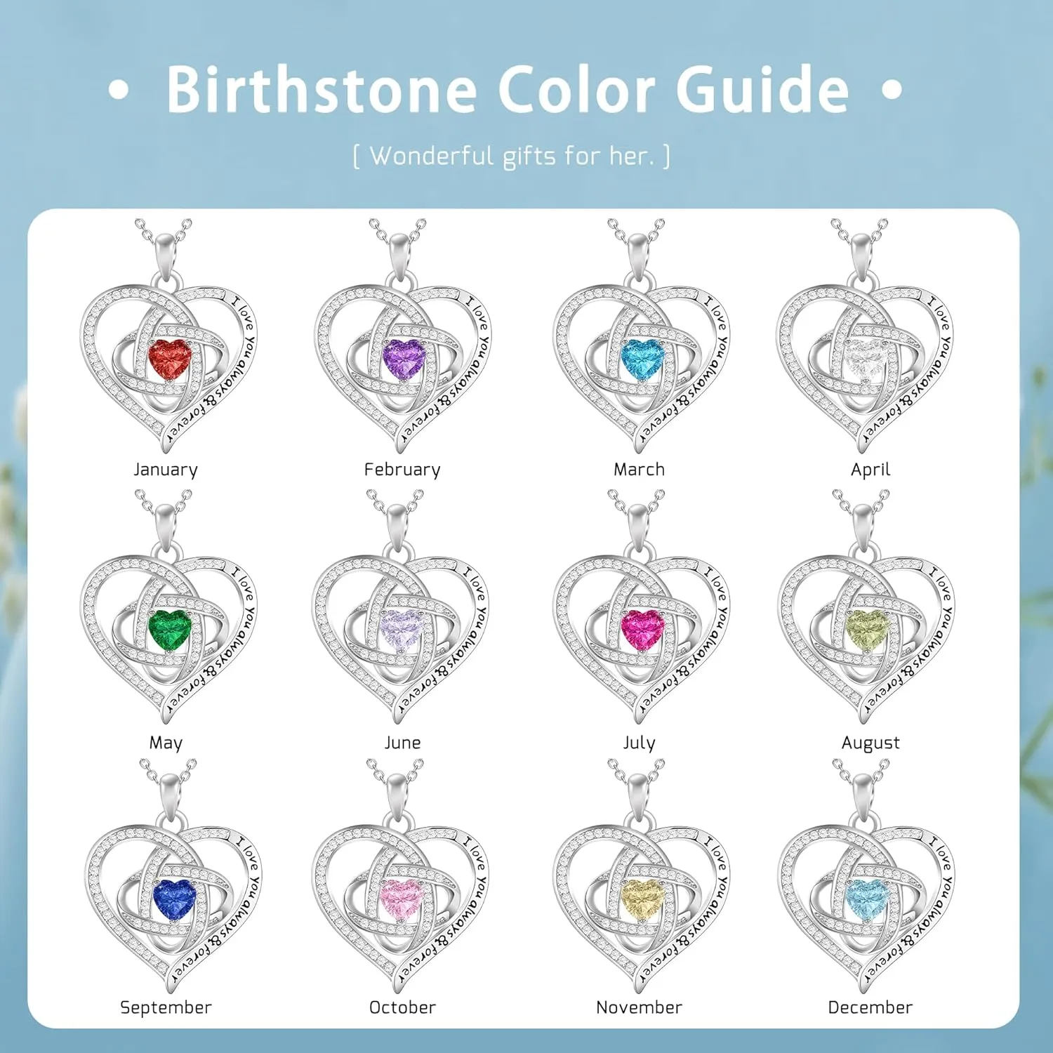 Love Knot Heart Birthstone Necklace for Women, 925 Sterling Silver Birthstone Necklace for Mother Grandma Daughter Girlfriend, Personalized Necklaces as Christmas Valentine'd Day Birthday Gift