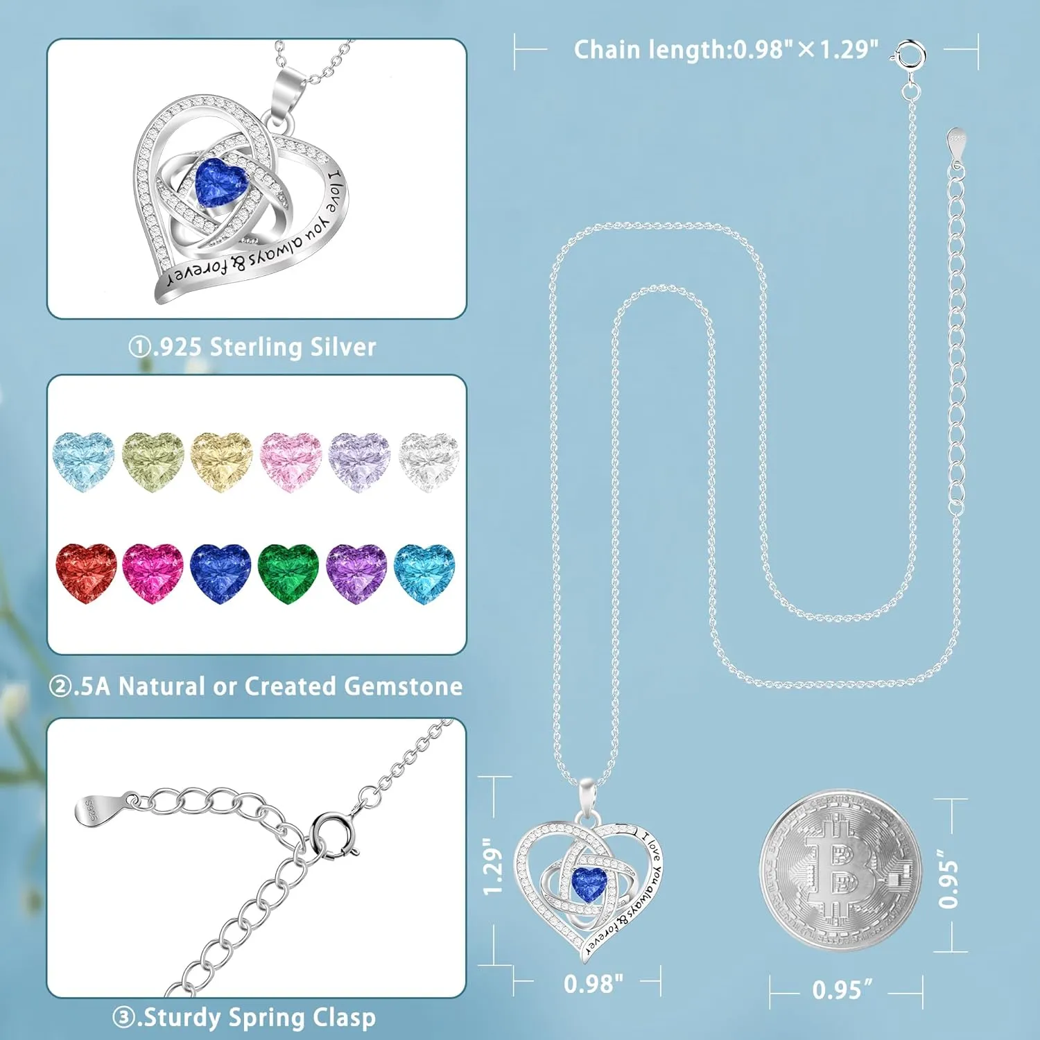 Love Knot Heart Birthstone Necklace for Women, 925 Sterling Silver Birthstone Necklace for Mother Grandma Daughter Girlfriend, Personalized Necklaces as Christmas Valentine'd Day Birthday Gift