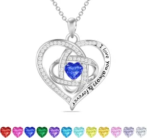 Love Knot Heart Birthstone Necklace for Women, 925 Sterling Silver Birthstone Necklace for Mother Grandma Daughter Girlfriend, Personalized Necklaces as Christmas Valentine'd Day Birthday Gift