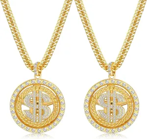 LOYALLOOK 2PCS 18K Gold Plated Chain with Dollar Sign Pendant Necklace Old School Hip Hop Rotatable Dollar Necklace 80s 90s Rapper Costume Big Chunky Turnover Punk Style Necklace
