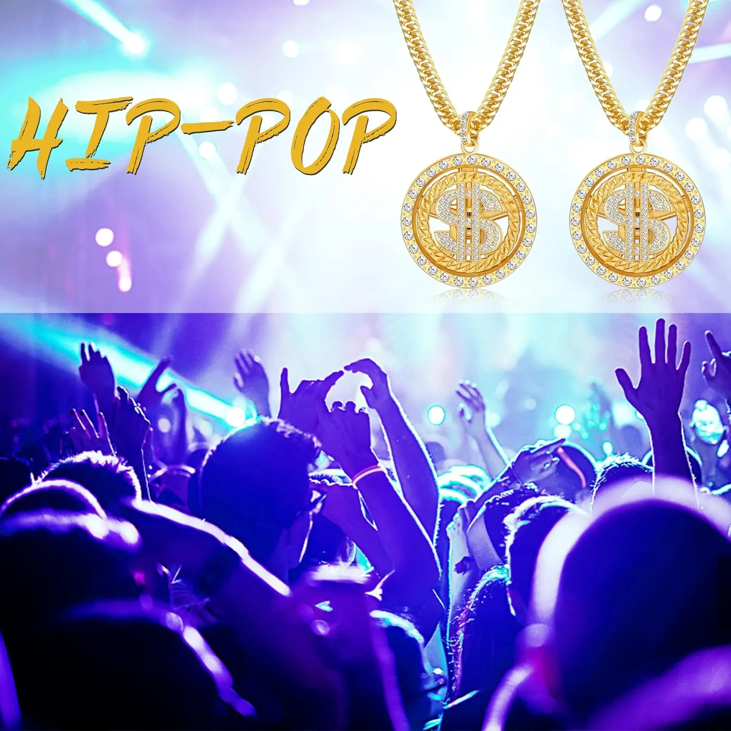 LOYALLOOK 2PCS 18K Gold Plated Chain with Dollar Sign Pendant Necklace Old School Hip Hop Rotatable Dollar Necklace 80s 90s Rapper Costume Big Chunky Turnover Punk Style Necklace