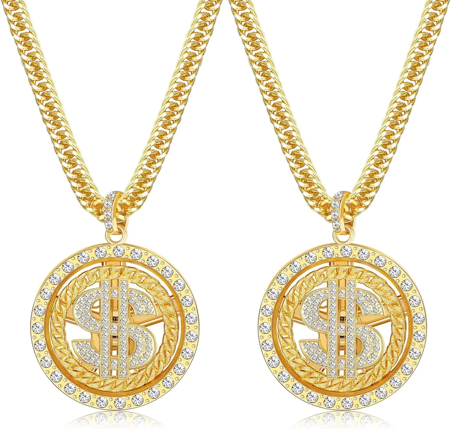 LOYALLOOK 2PCS 18K Gold Plated Chain with Dollar Sign Pendant Necklace Old School Hip Hop Rotatable Dollar Necklace 80s 90s Rapper Costume Big Chunky Turnover Punk Style Necklace