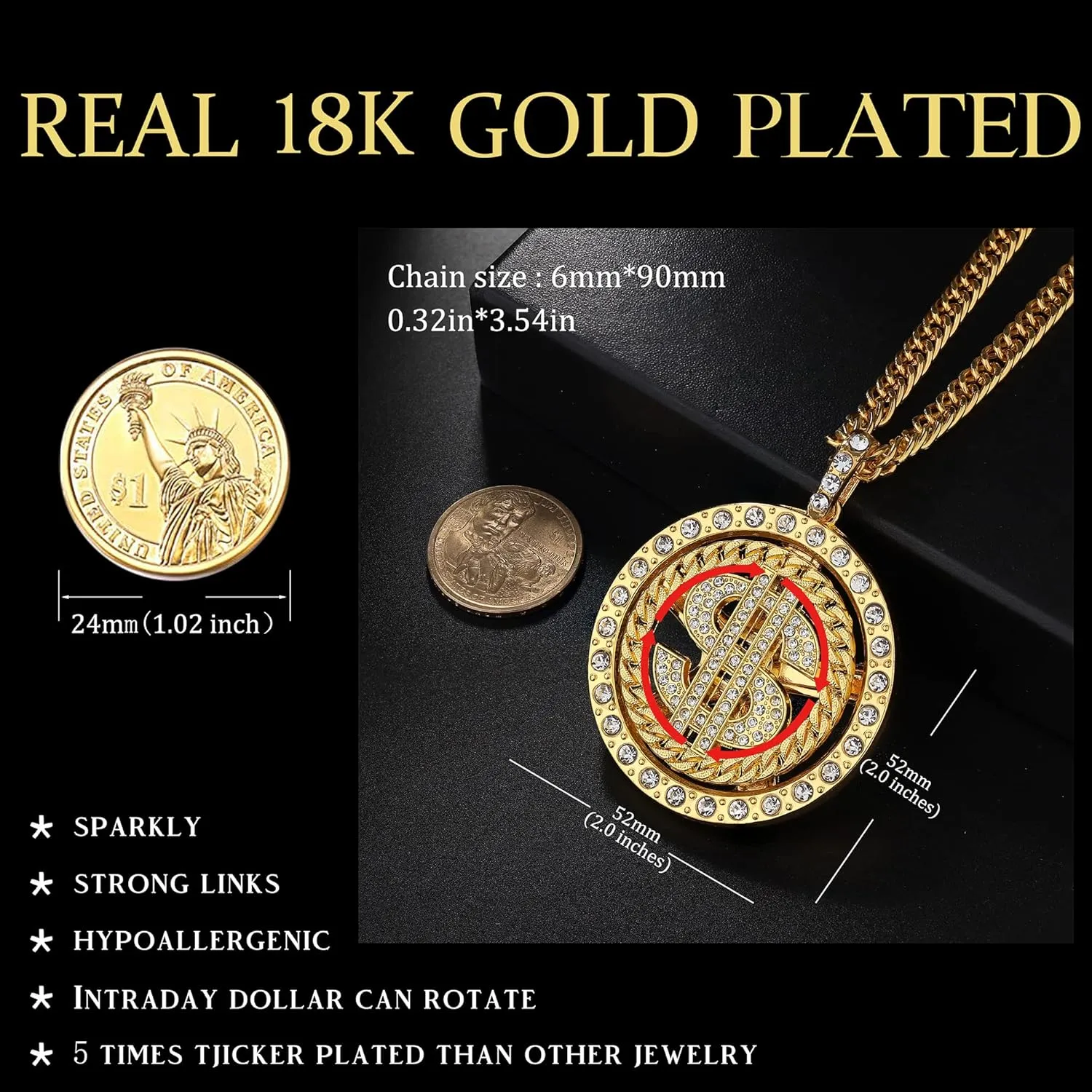 LOYALLOOK 2PCS 18K Gold Plated Chain with Dollar Sign Pendant Necklace Old School Hip Hop Rotatable Dollar Necklace 80s 90s Rapper Costume Big Chunky Turnover Punk Style Necklace