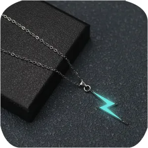 Luminous Glow in The Dark Pendant Necklace Lightning Bolt Necklace Thunder Minimalist Vintage Antique Stainless Steel Locomotive Street Punk Hip Hop Pendant Necklace for Men Women