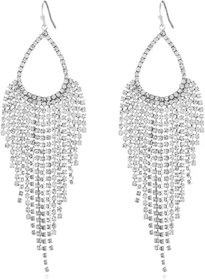 Luxuary CZ Fringe Drop Statement Earrings for Women Gold Plated Cubic Zirconia Tassel Crystal Chain Dangle Hook Stud Earring Elegant Wedding Party Prom Jewelry