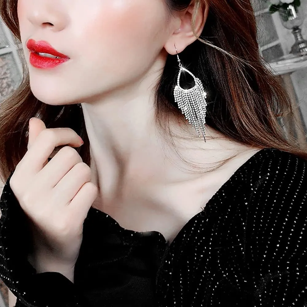 Luxuary CZ Fringe Drop Statement Earrings for Women Gold Plated Cubic Zirconia Tassel Crystal Chain Dangle Hook Stud Earring Elegant Wedding Party Prom Jewelry