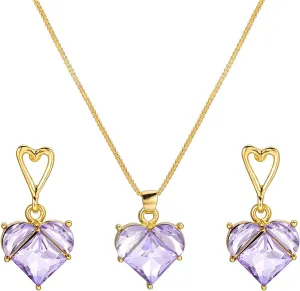 MALOYANVE Love Heart Earrings and Necklace Set Elegant Handmade Crystal Pink Purple White Birthstone Lightweight Stud Earrings Pendant Necklace Trendy Wedding Jewelry for Women