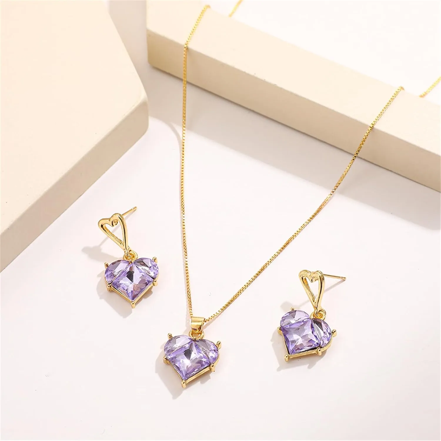 MALOYANVE Love Heart Earrings and Necklace Set Elegant Handmade Crystal Pink Purple White Birthstone Lightweight Stud Earrings Pendant Necklace Trendy Wedding Jewelry for Women
