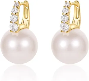 MALOYANVE Pearl CZ Earrings Statement 14K Gold Plated Big Vertical 5A Three Cubic Zirconia White Pink Dangle Earrings Elegant Jewelry Gifts for Women