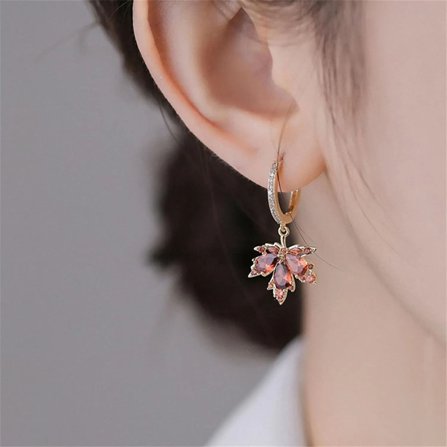 Maple Leaf Earrings for Women Elegant Handmade Fall Hot Red Orange Plant Leaves Earrings Sparkly Crystal CZ Studs Earrings for Autumn Thanksgiving Day Party Holiday Trendy Jewelry
