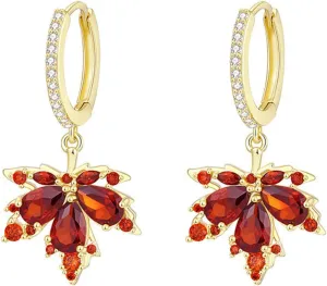 Maple Leaf Earrings for Women Elegant Handmade Fall Hot Red Orange Plant Leaves Earrings Sparkly Crystal CZ Studs Earrings for Autumn Thanksgiving Day Party Holiday Trendy Jewelry