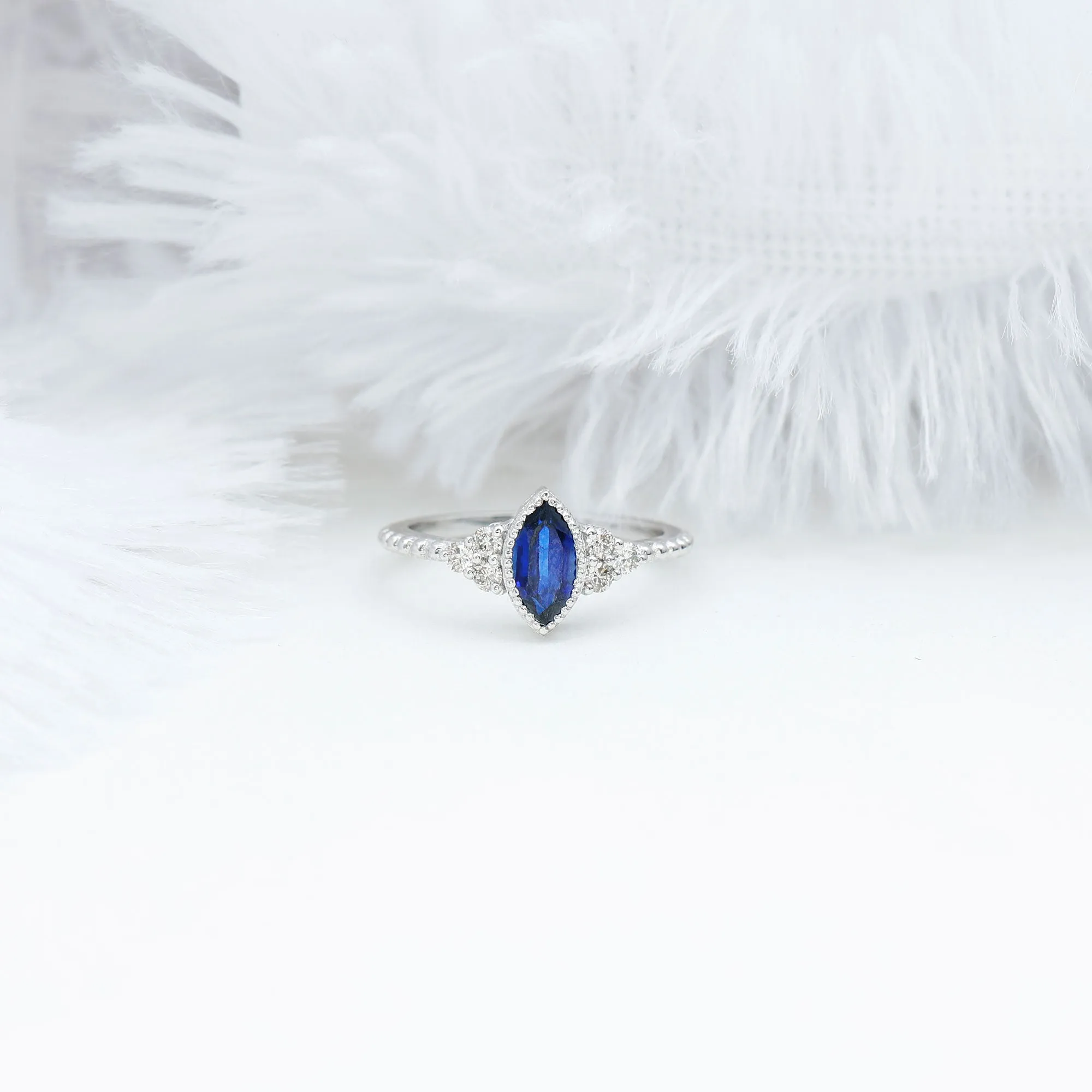 Marquise Cut Created Blue Sapphire Promise Ring With Diamond