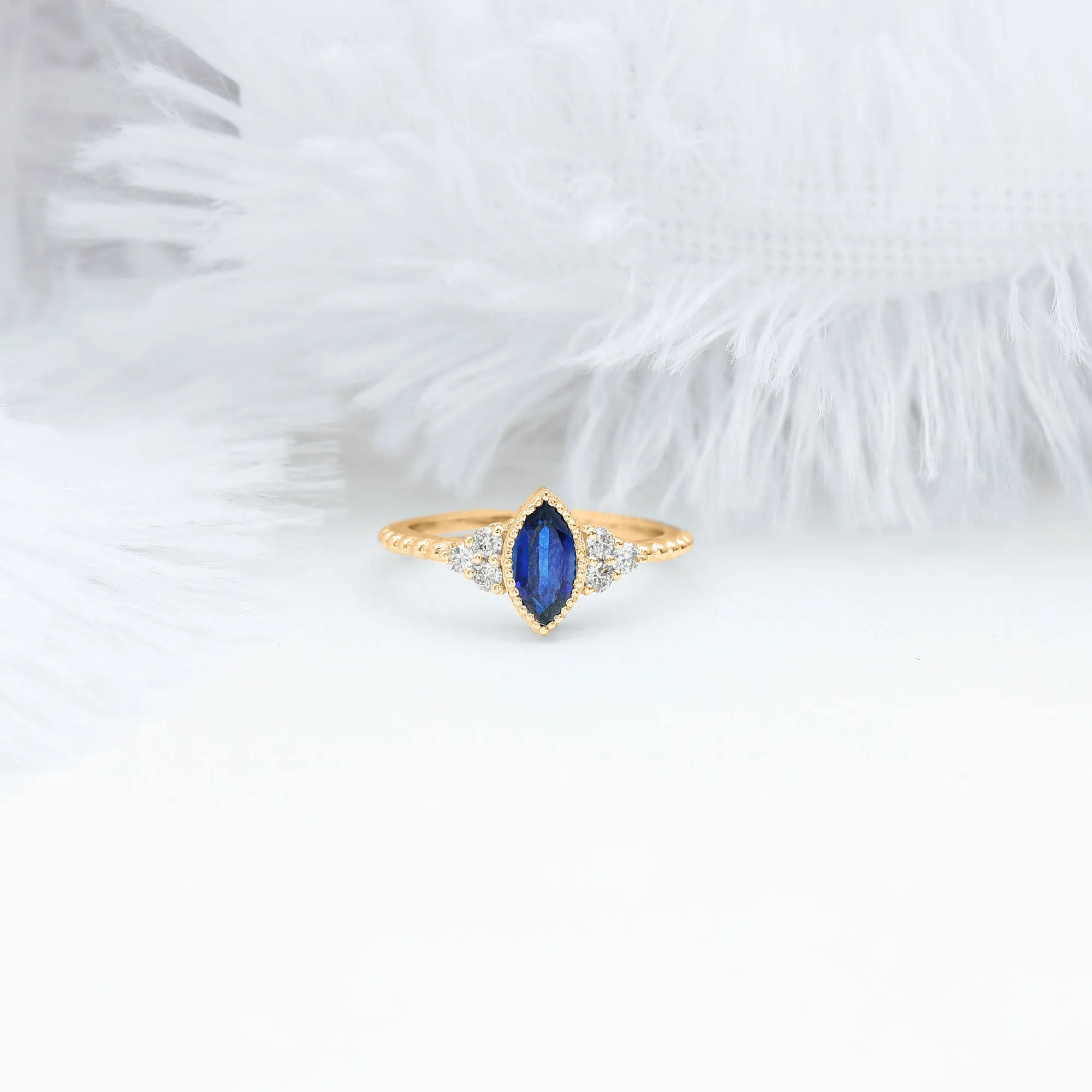 Marquise Cut Created Blue Sapphire Promise Ring With Diamond