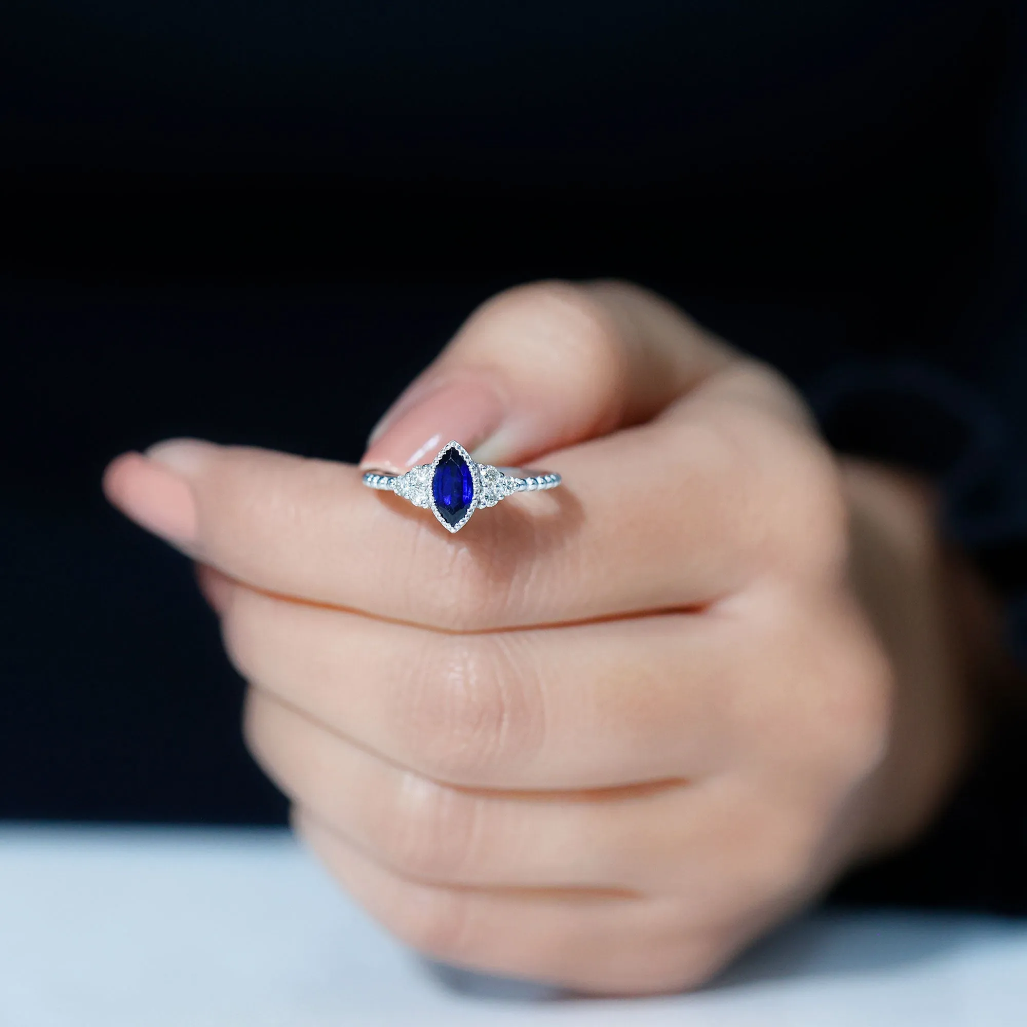 Marquise Cut Created Blue Sapphire Promise Ring With Diamond