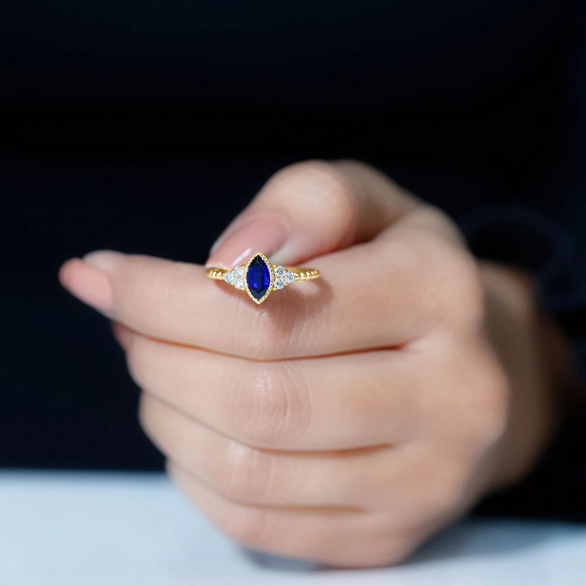 Marquise Cut Created Blue Sapphire Promise Ring With Diamond