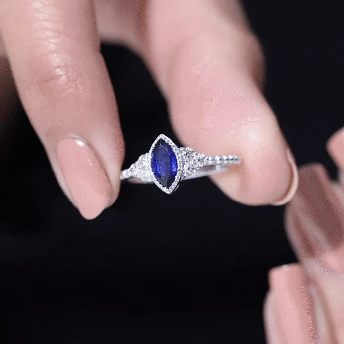 Marquise Cut Created Blue Sapphire Promise Ring With Diamond