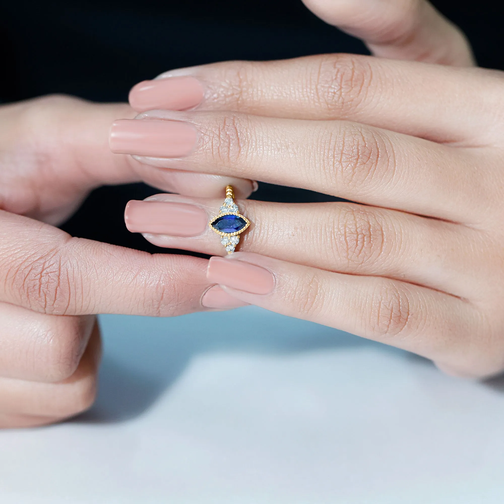 Marquise Cut Created Blue Sapphire Promise Ring With Diamond