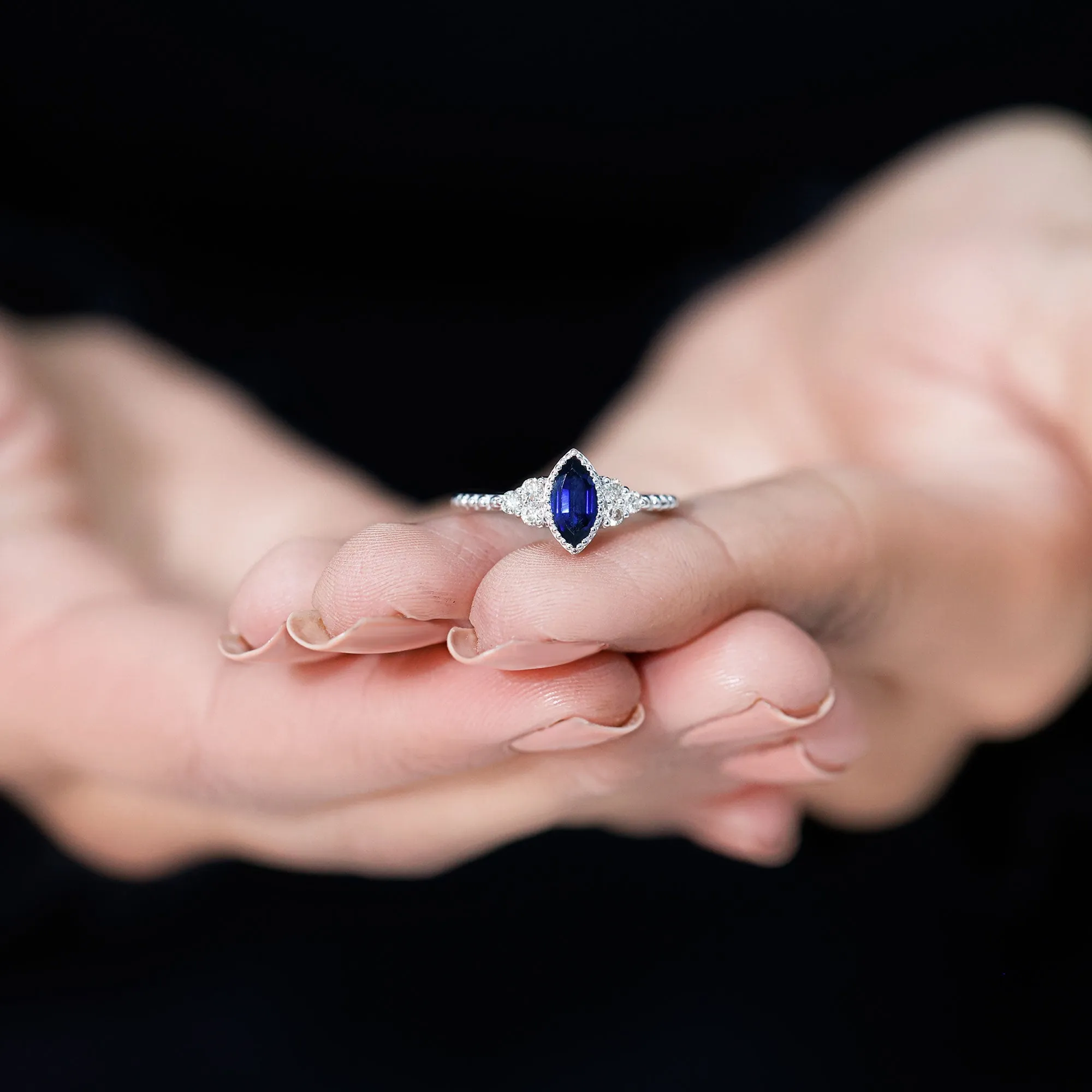 Marquise Cut Created Blue Sapphire Promise Ring With Diamond