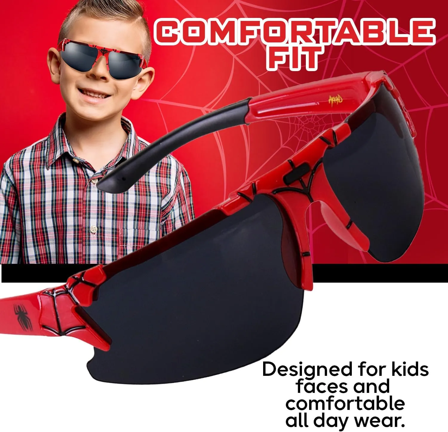 Marvel Spiderman Sunglasses for Kids - Stylish, Comfortable & Durable UV-Protective Spiderman Glasses With Soft Carrying Case