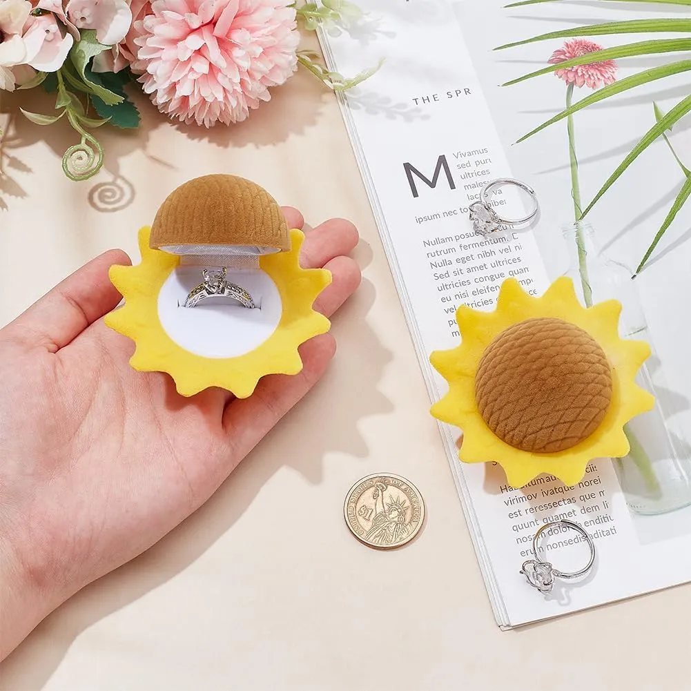 MAYJOYDIY 2pcs Sunflower Velvet Ring Box Bright Yellow Flower Engagement Ring Box for Proposal Ring Ceremony Wedding Birthday Valentine's Day Gift Girls Jewelry Box