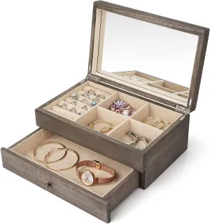 Meangood Jewelry Box Organizer for Women, 2 Layer Large Jewelry Storage Case, Rustic Wooden Jewelry Box with Mirror & Ring Tray for Necklace Earring Bracelets Rings, Vintage Style (Weathered Grey)