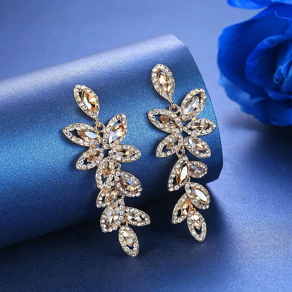 mecresh Silver/Champagne Leaf-Shape Marquise Crystal Chandelier Dangle Drop Earring for Women Wedding Party Gift