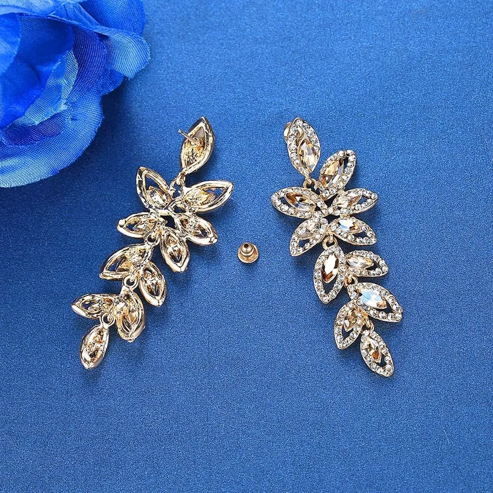 mecresh Silver/Champagne Leaf-Shape Marquise Crystal Chandelier Dangle Drop Earring for Women Wedding Party Gift