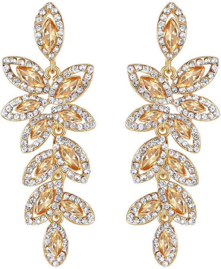 mecresh Silver/Champagne Leaf-Shape Marquise Crystal Chandelier Dangle Drop Earring for Women Wedding Party Gift