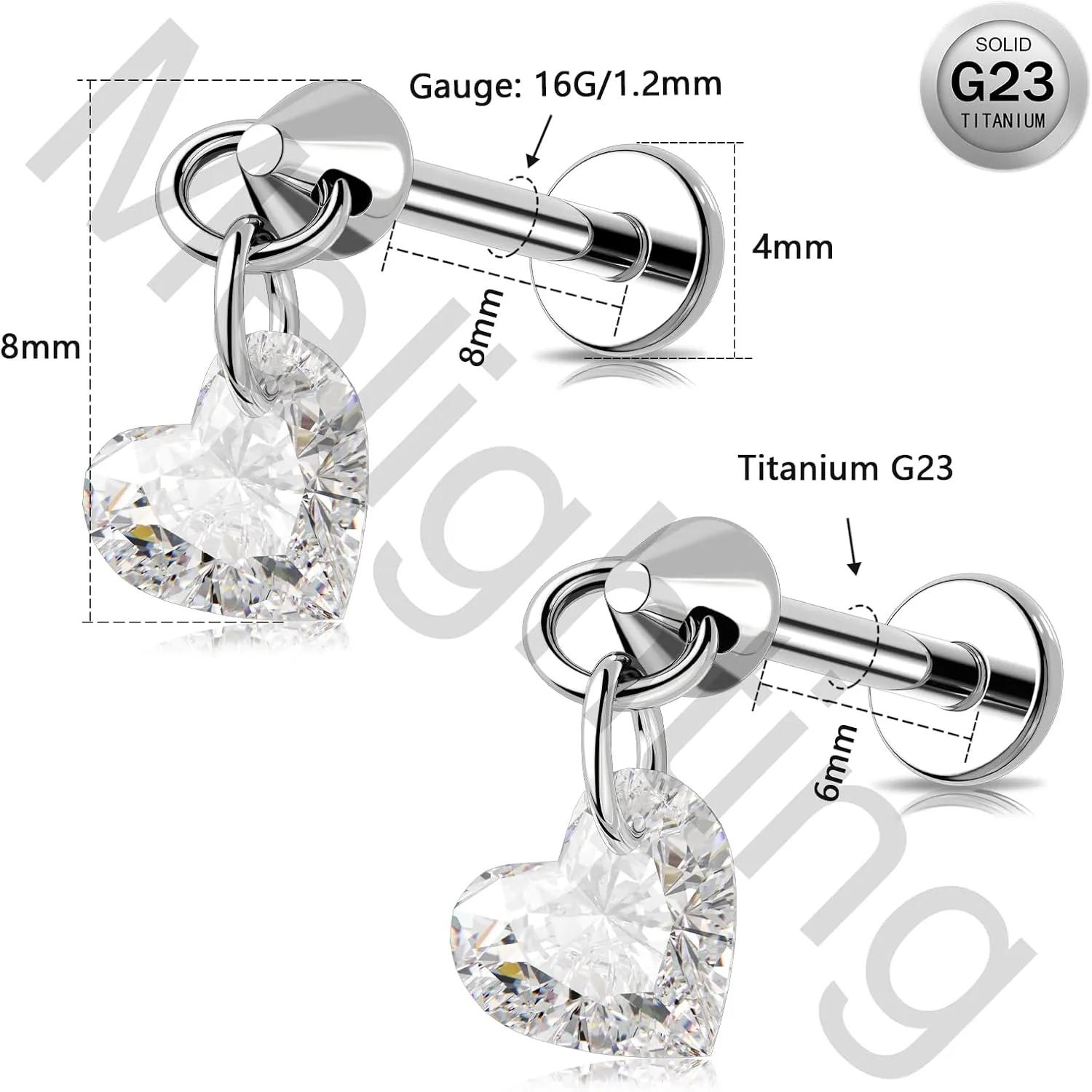 MeIighting Titanium G23 Threadless Earring 16G Dangle Flat Back Earring Threadless Push in Cartilage Earring 6/8 mm Tragus Helix Piercing Jewelry Clear CZ Labret Ring