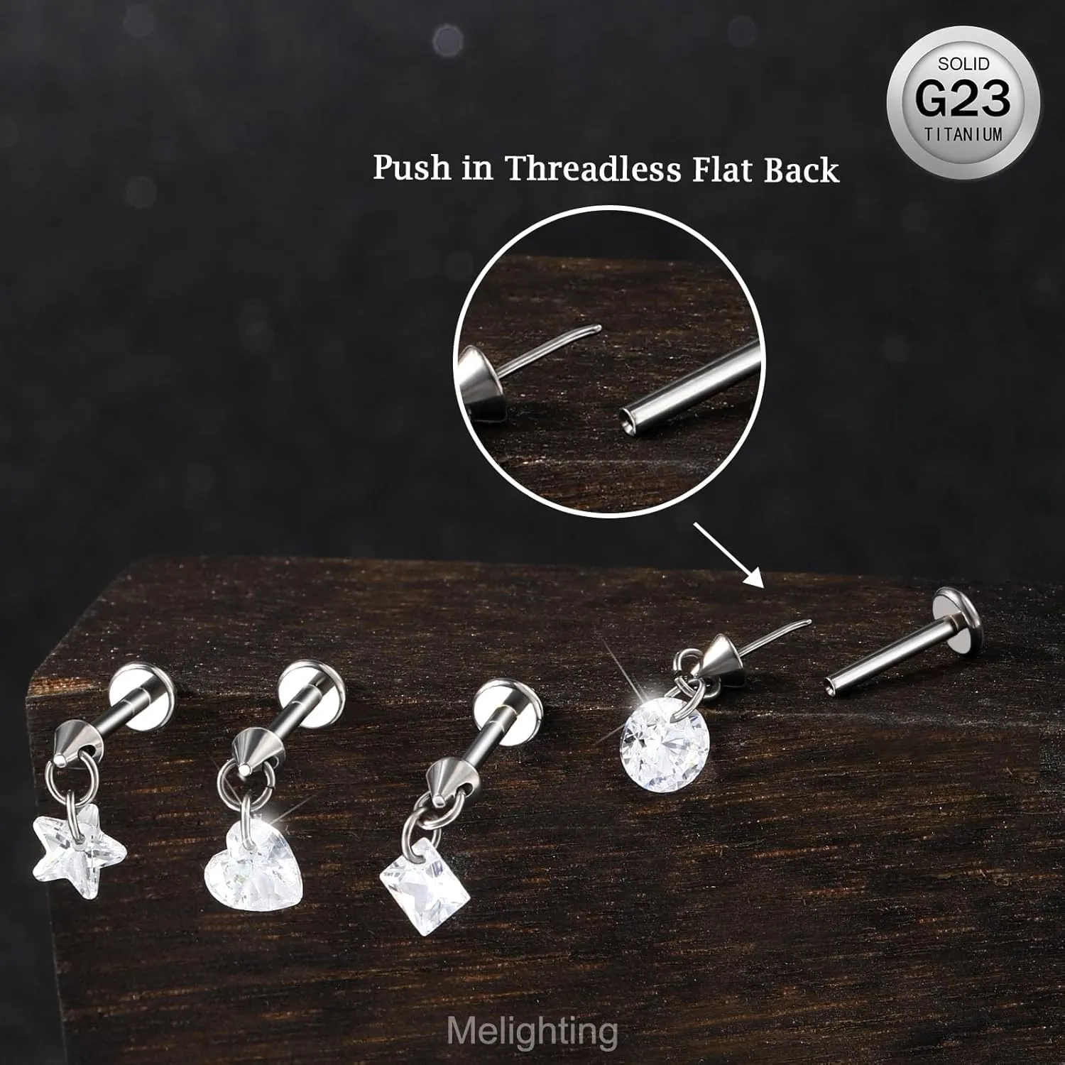 MeIighting Titanium G23 Threadless Earring 16G Dangle Flat Back Earring Threadless Push in Cartilage Earring 6/8 mm Tragus Helix Piercing Jewelry Clear CZ Labret Ring