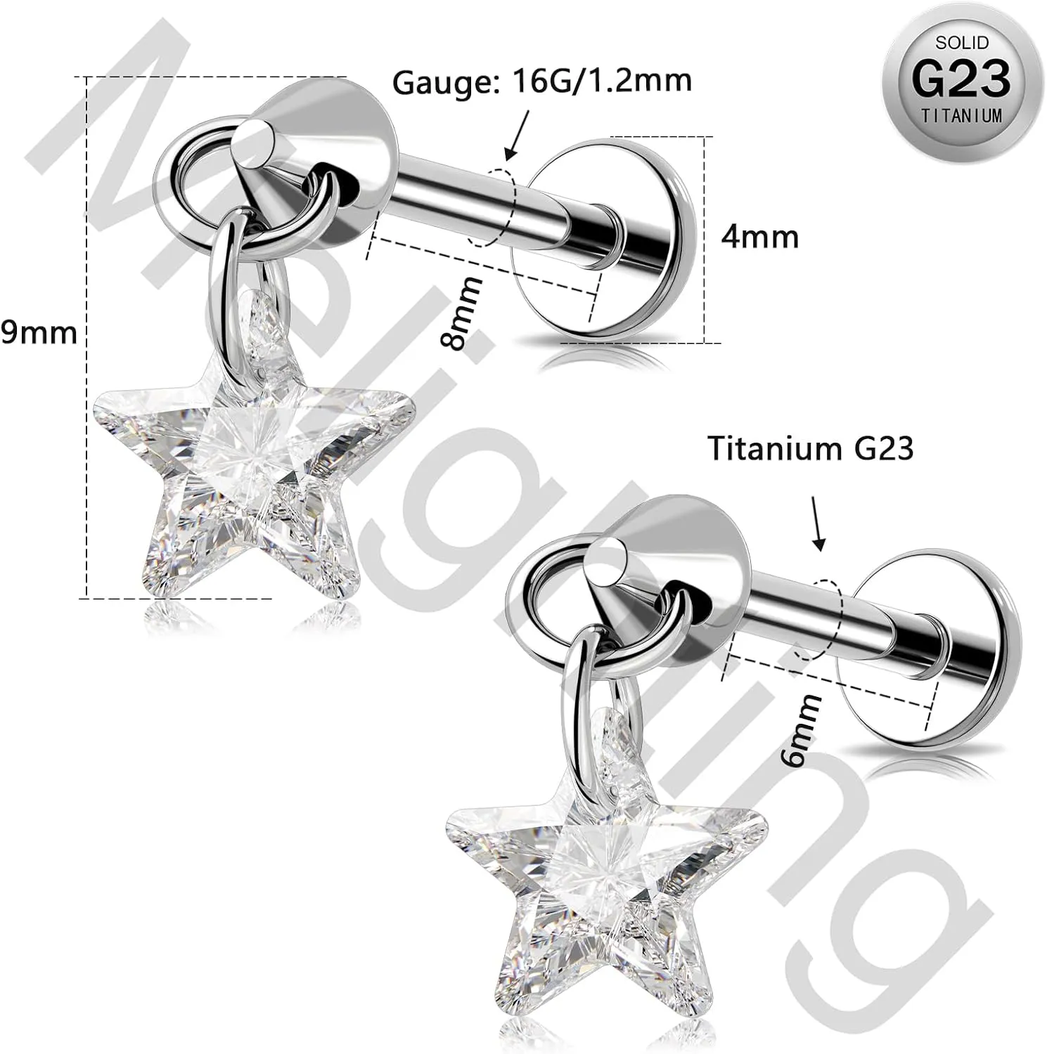 MeIighting Titanium G23 Threadless Earring 16G Dangle Flat Back Earring Threadless Push in Cartilage Earring 6/8 mm Tragus Helix Piercing Jewelry Clear CZ Labret Ring