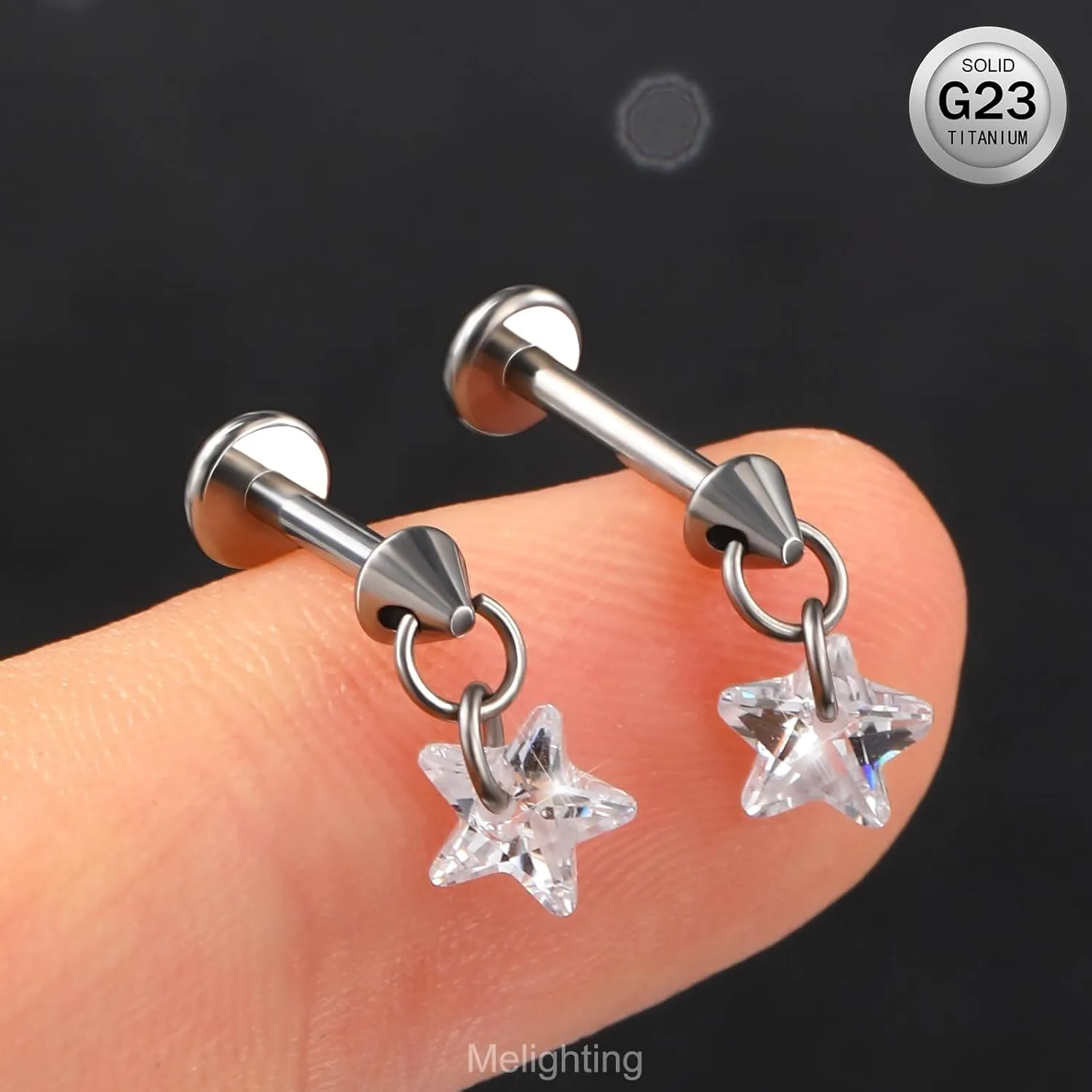 MeIighting Titanium G23 Threadless Earring 16G Dangle Flat Back Earring Threadless Push in Cartilage Earring 6/8 mm Tragus Helix Piercing Jewelry Clear CZ Labret Ring