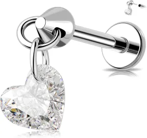 MeIighting Titanium G23 Threadless Earring 16G Dangle Flat Back Earring Threadless Push in Cartilage Earring 6/8 mm Tragus Helix Piercing Jewelry Clear CZ Labret Ring