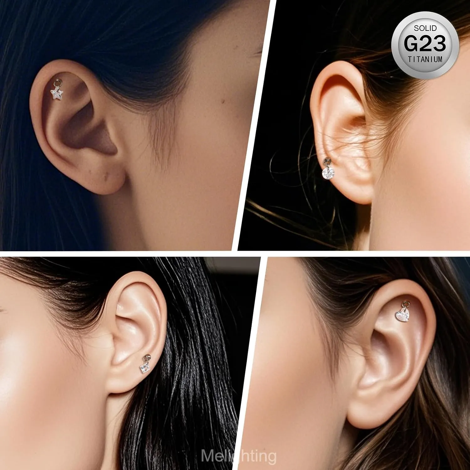 MeIighting Titanium G23 Threadless Earring 16G Dangle Flat Back Earring Threadless Push in Cartilage Earring 6/8 mm Tragus Helix Piercing Jewelry Clear CZ Labret Ring