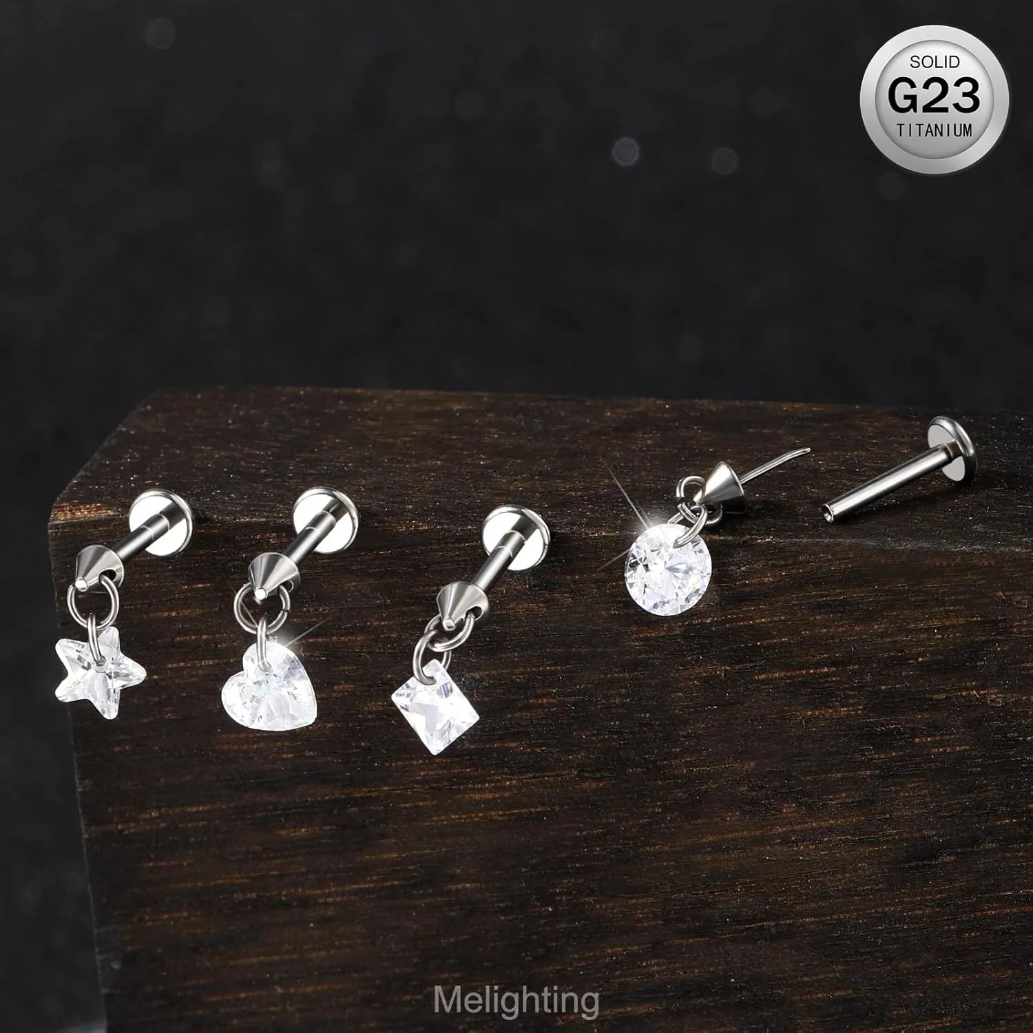 MeIighting Titanium G23 Threadless Earring 16G Dangle Flat Back Earring Threadless Push in Cartilage Earring 6/8 mm Tragus Helix Piercing Jewelry Clear CZ Labret Ring